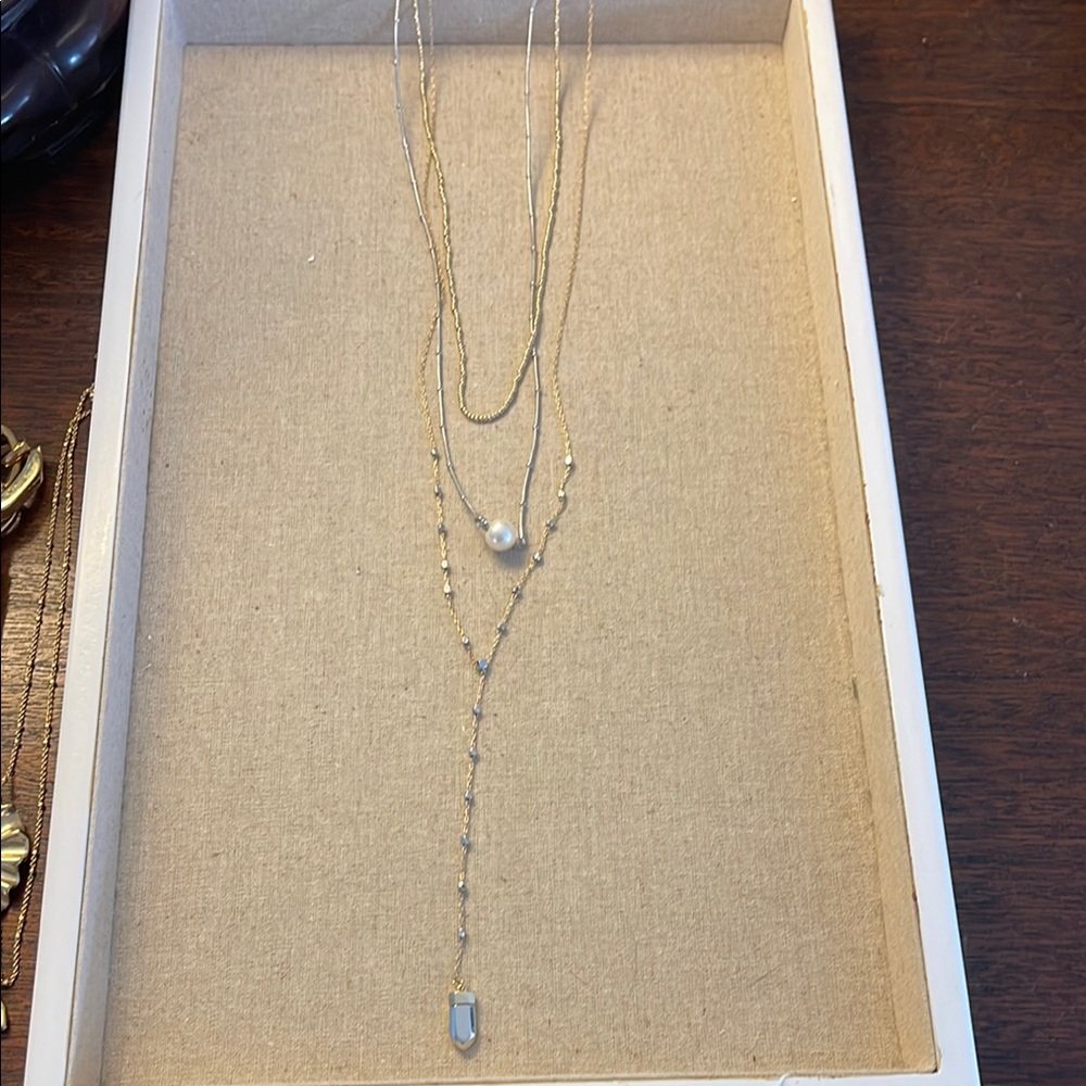 Stella & Dot Gold Necklace with Pearl and Blue Charm